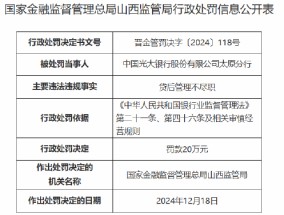 光大银行太原分行因贷后管理不尽职被罚20万元