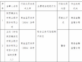 陕西镇安农村商业银行被罚21万元：因柜台业务风险控制不到位